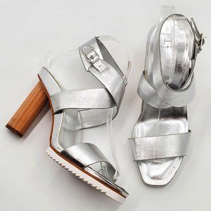 H by Halston - Silver Metallic Wide Leather Wrap Strap Heeled Sandals